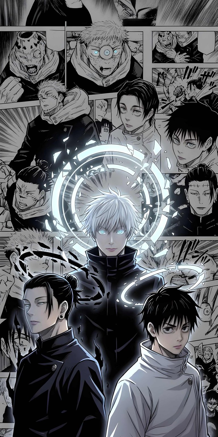 Download this captivating Gojo Satoru 4K wallpaper for your iPhone, showcasing his intense gaze and the glowing circles around him. This stunning wallpaper captures the essence of the anime with its dynamic manga panel background and monochrome aesthetic.