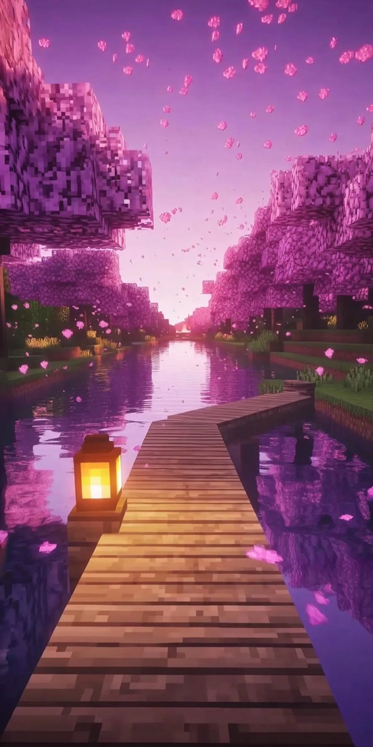 Minecraft river and cherry blossom trees iPhone wallpaper 4K