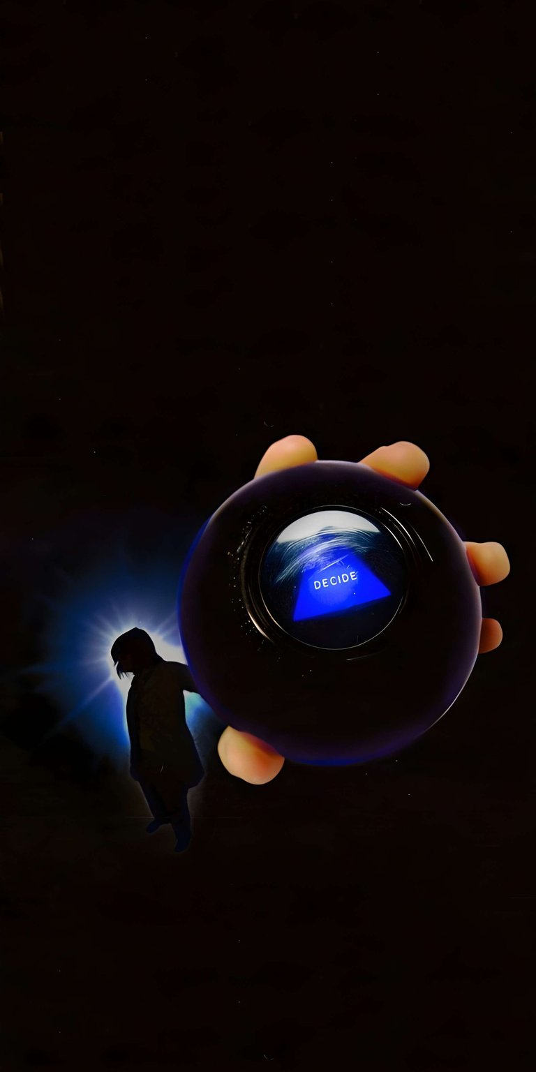 This Magic 8 Ball 4K wallpaper is perfect for your iPhone! The image features a hand holding the ball with the word "DECIDE" showing and a silhouette of a person in the background.