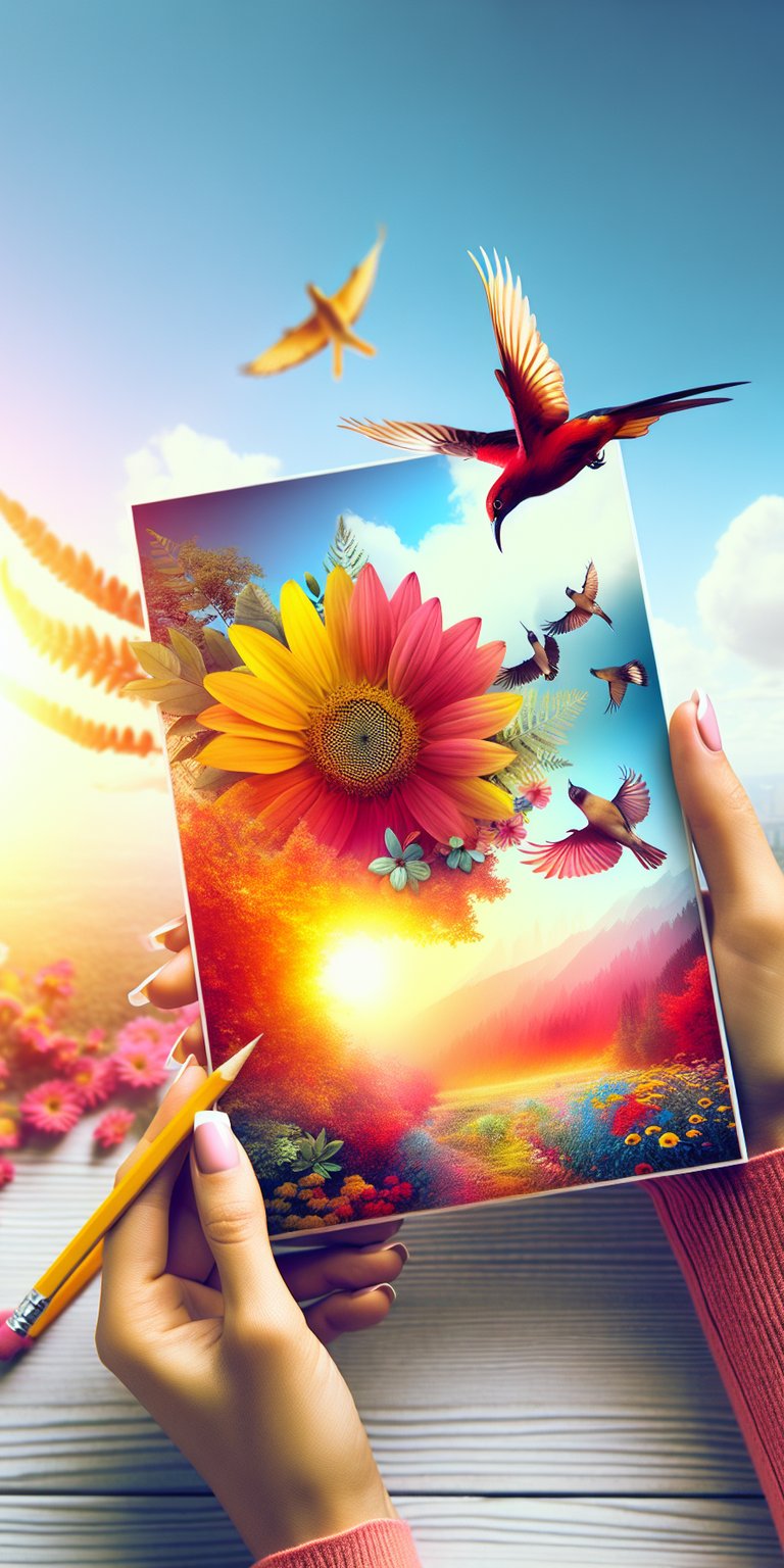 Illustration of a sunflower with birds flying around wallpaper