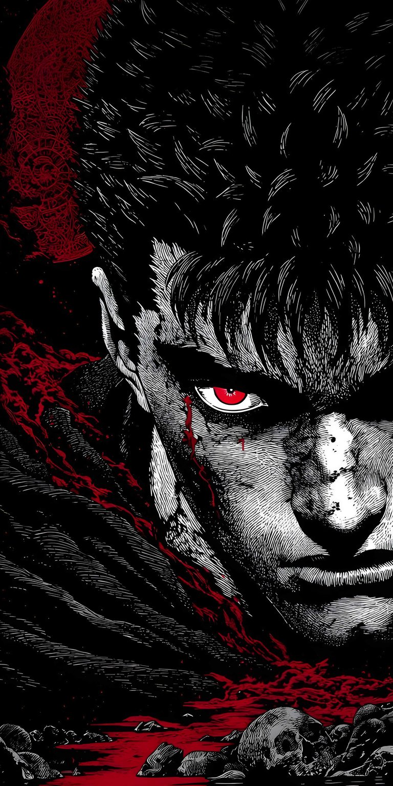 Get this amazing Guts 4K wallpaper for your iPhone, showcasing an intense, close-up of Guts with a striking red eye. This wallpaper also features a blood-red moon and a pool of blood among skulls.