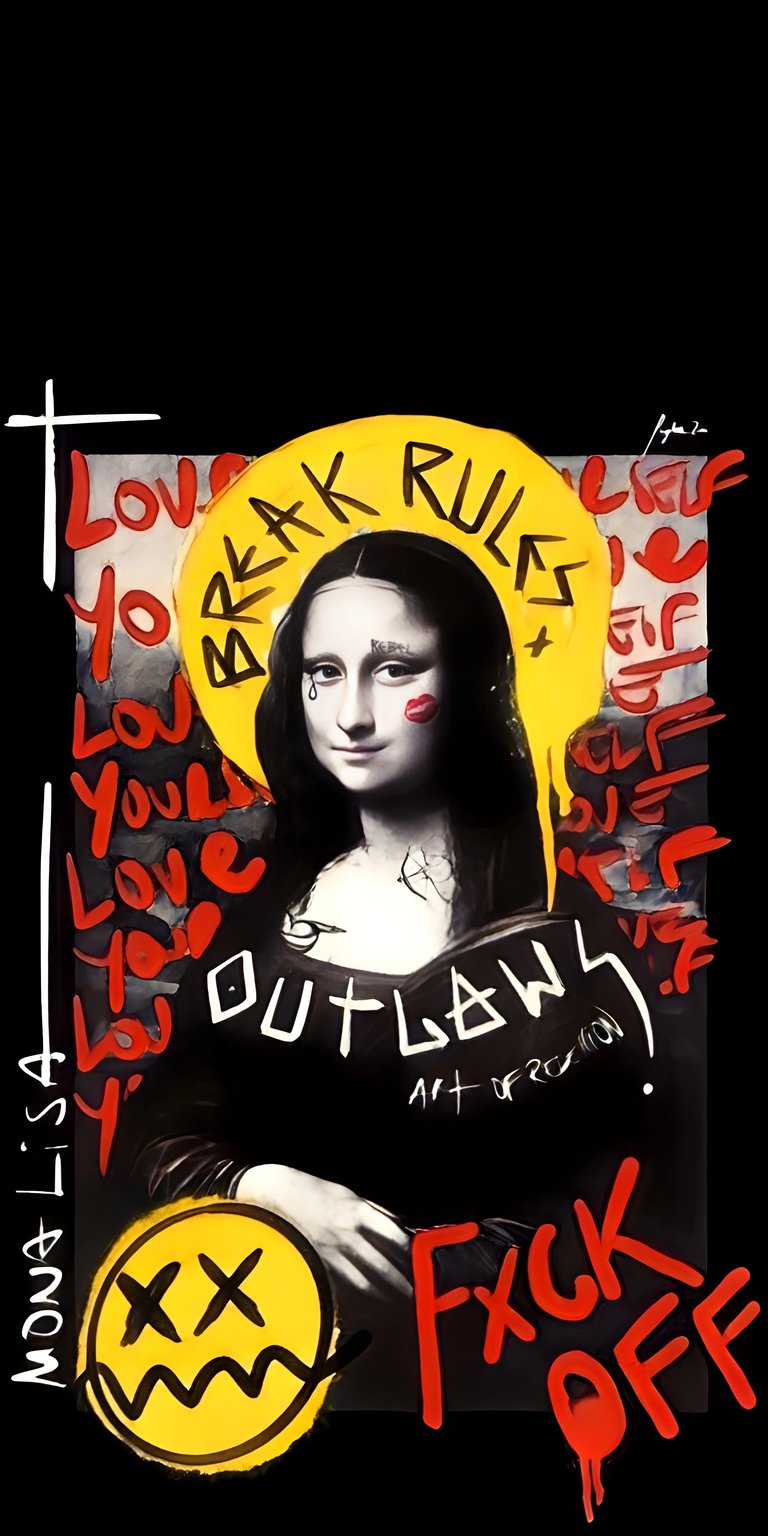 Download this Mona Lisa 4K wallpaper for your iPhone to give it a bold look. This unique wallpaper features the Mona Lisa wearing a shirt with 'outlaws' written on it, a tear, and a smiley face with 'xx' eyes.