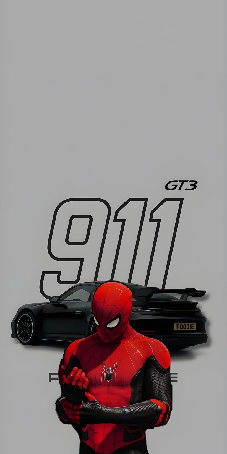 Get this Spiderman 4K wallpaper for your iPhone, featuring a sleek black Porsche 911 GT3. Spiderman's iconic suit is prominently displayed, with the Porsche's license plate reading "POODIE".