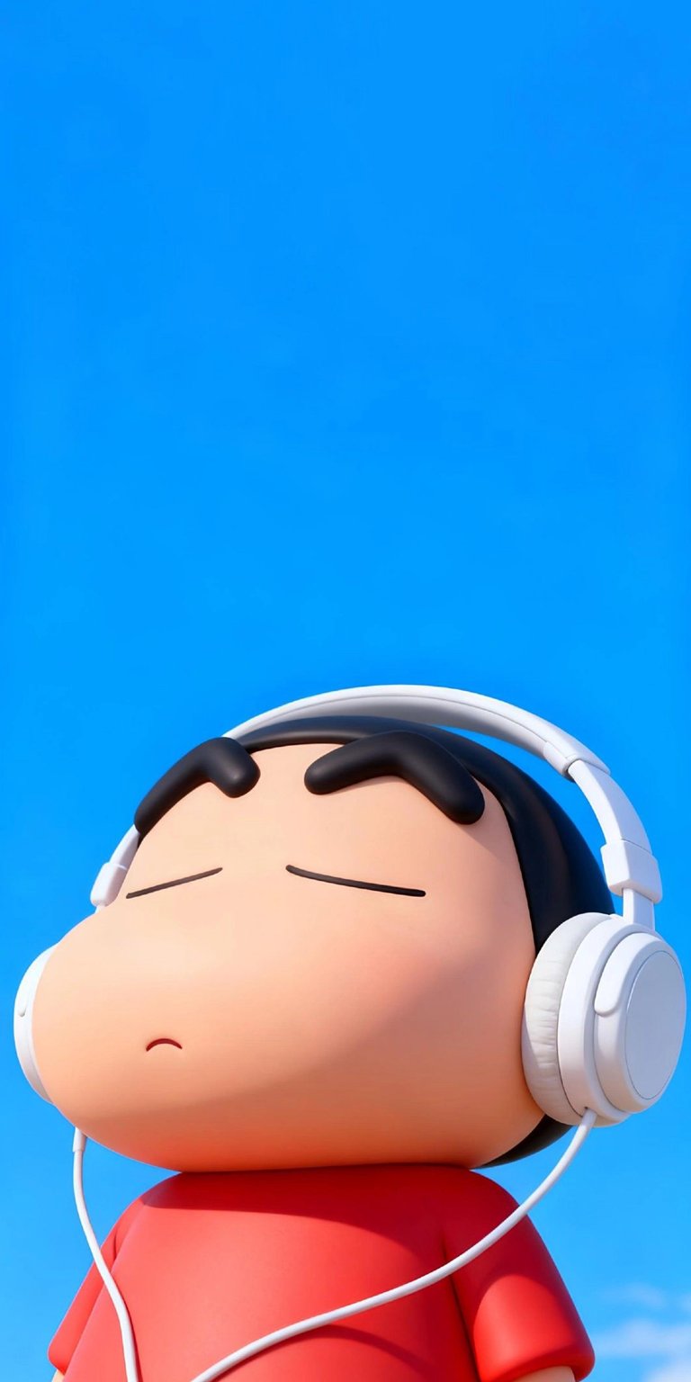 Download this Shinchan wallpaper in 4K for your iPhone today; he's wearing white headphones against a clear blue sky. This crisp wallpaper features a red shirt and closed eyes.