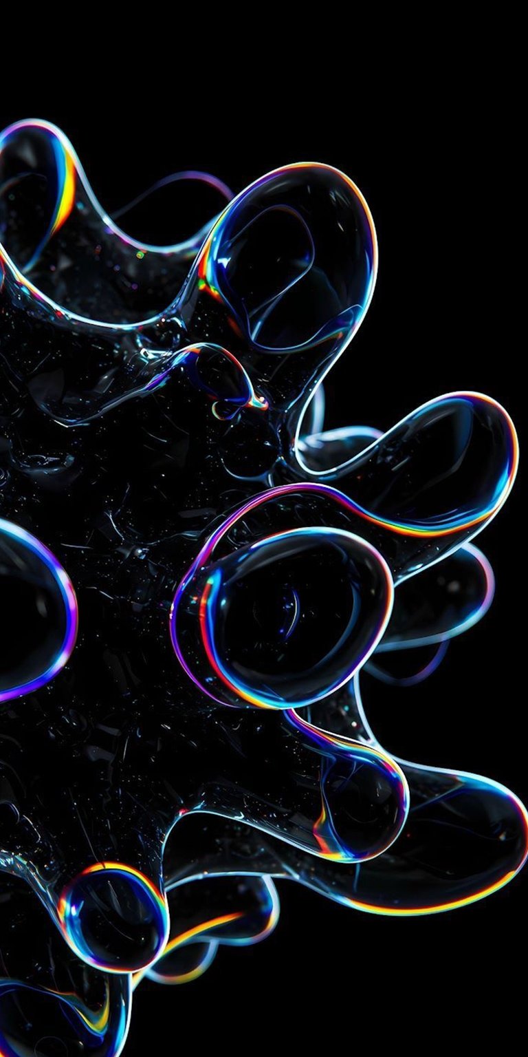 This dark bubbles 4K wallpaper makes an ideal iPhone background. The wallpaper shows translucent, black glassy bubbles with iridescent edges floating against a stark black backdrop, reminiscent of oil slick patterns.