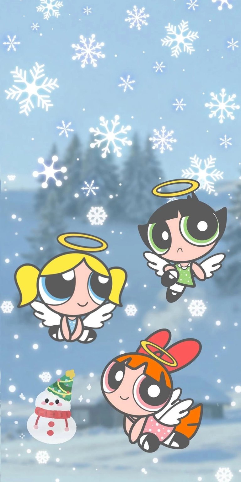 Adorn your iPhone with this adorable Powerpuff Girls 4K wallpaper, featuring the girls as angels amid a snowy winter scene. This wallpaper shows Blossom, Bubbles, and Buttercup sporting halos and angel wings, with a cheerful snowman adding to the festive charm.