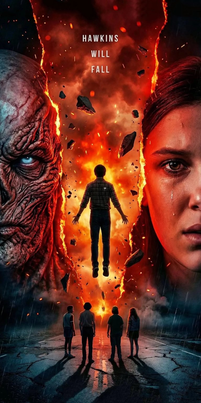 Download this stunning Stranger Things wallpaper in 4K resolution for your iPhone! Featuring Vecna, Eleven with tears, and a fiery background with floating rocks, this wallpaper is perfect for any fan.