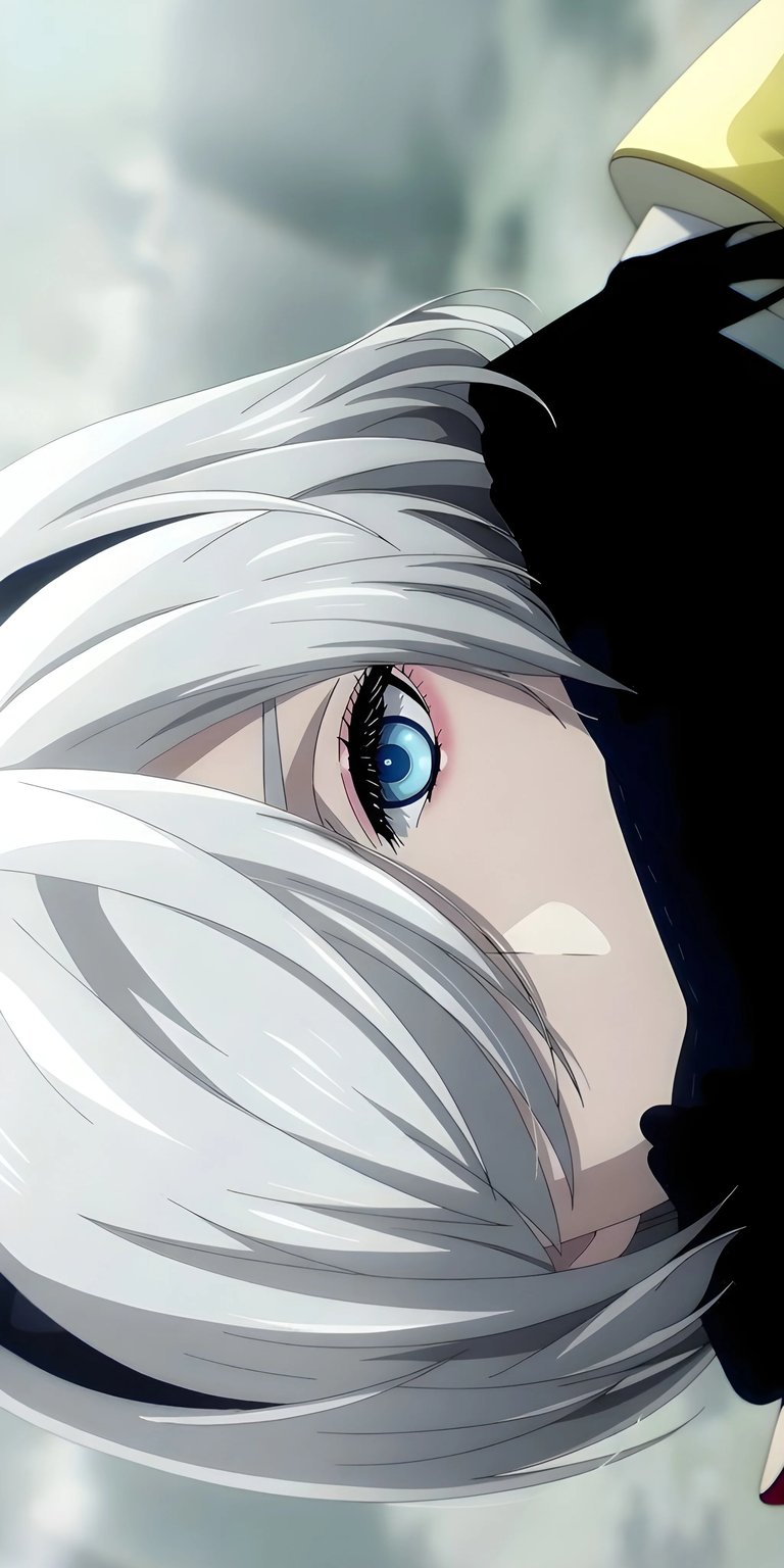 Download this striking A2 4K wallpaper for your iPhone, showcasing her piercing blue eyes. The anime wallpaper also features A2's short white hair and her black attire.