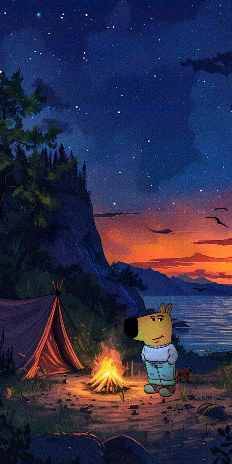 Chill Guy in a camping at the forest wallpaper
