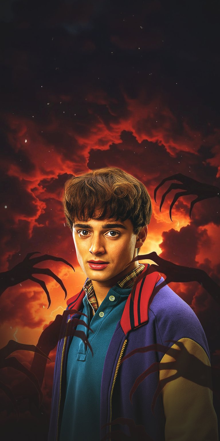 Transform your iPhone with this striking Will Byers 4K wallpaper, featuring a dramatic red-sky backdrop and shadowy hand-like figures. The vibrant blue polo and jacket add a pop of color to this high-resolution wallpaper.