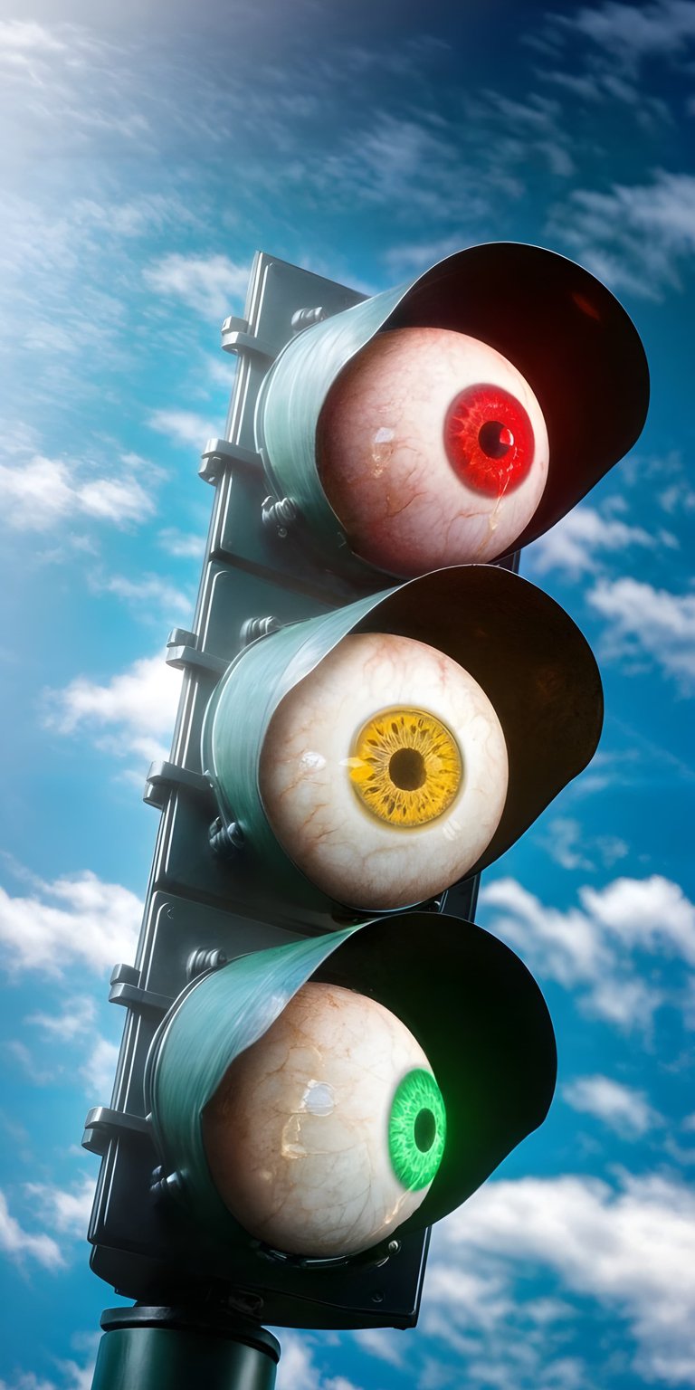 This unique wallpaper features a surreal traffic light with realistic human eyes against a blue sky. It is a striking wallpaper designed to give your iPhone a trippy, artistic look.