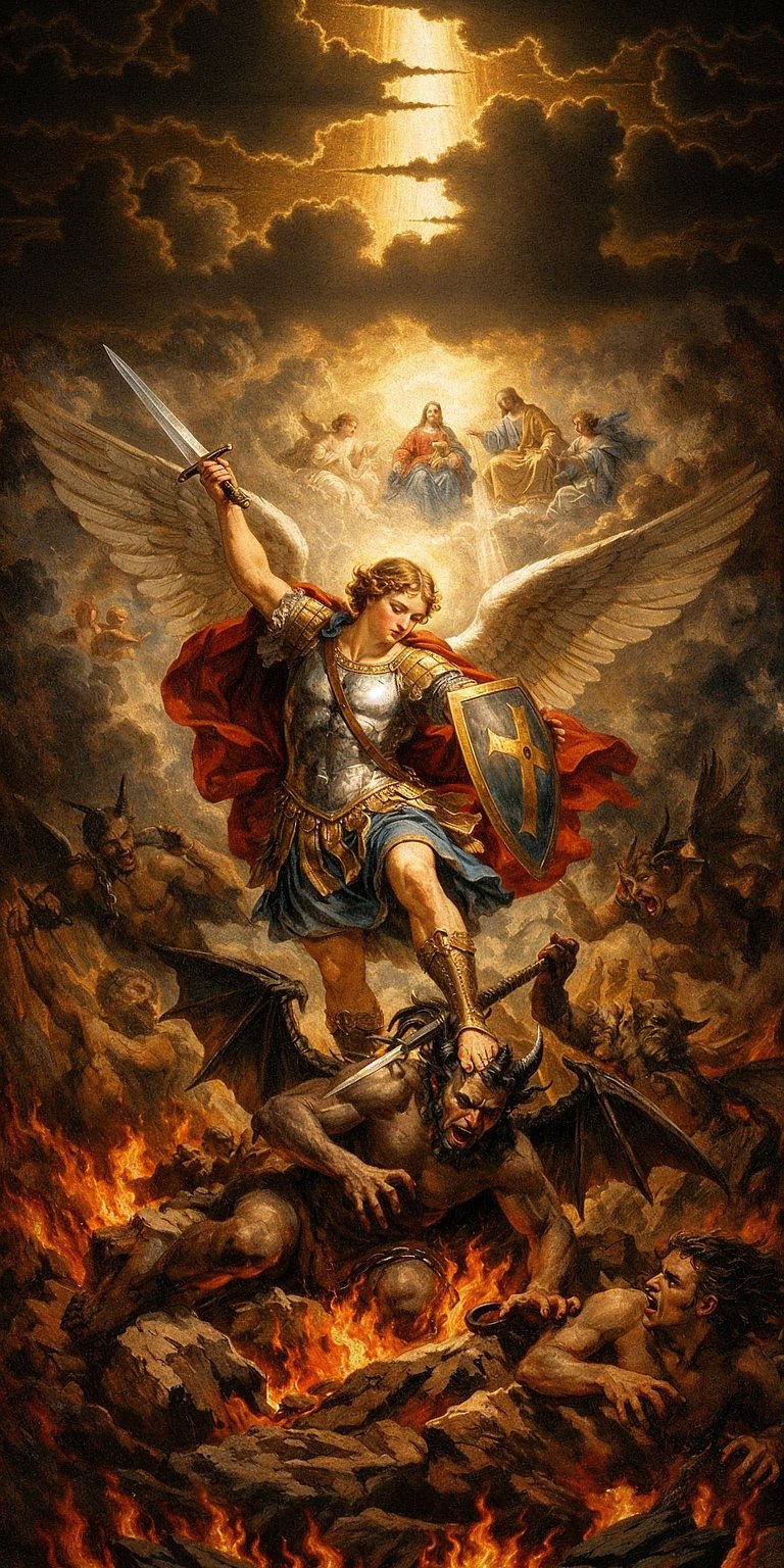 Archangel Michael 4K wallpaper displaying dramatic angel wings, fiery battlefield tones, and classical painting details. This aesthetic wallpaper brings powerful depth and contrast to iPhone screens.