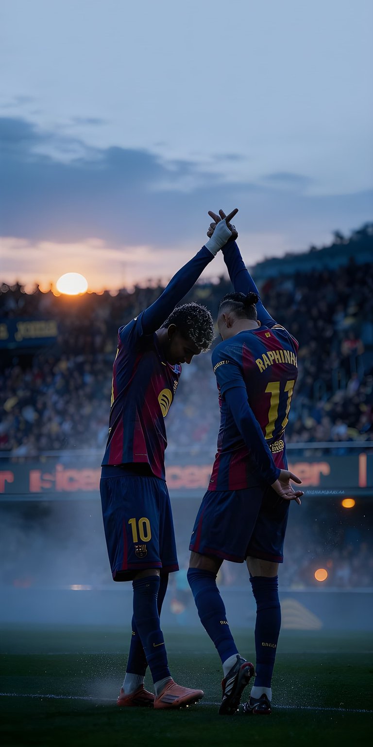 Download this captivating 4K wallpaper of Dembele and Raphinha for your iPhone! This wallpaper captures the Barcelona stars during a sunset game, wearing blue and maroon kits, with their arms raised in celebration.