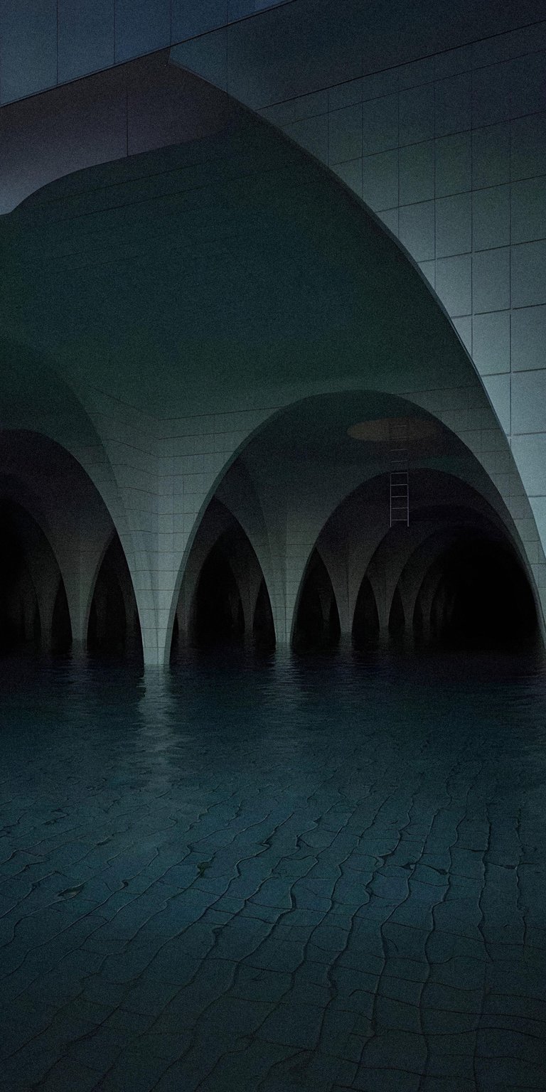 Download this eerie arches wallpaper in 4K for your iPhone. The dark and moody wallpaper shows tiled arches reflected in rippling water with a lonely ladder hanging above.