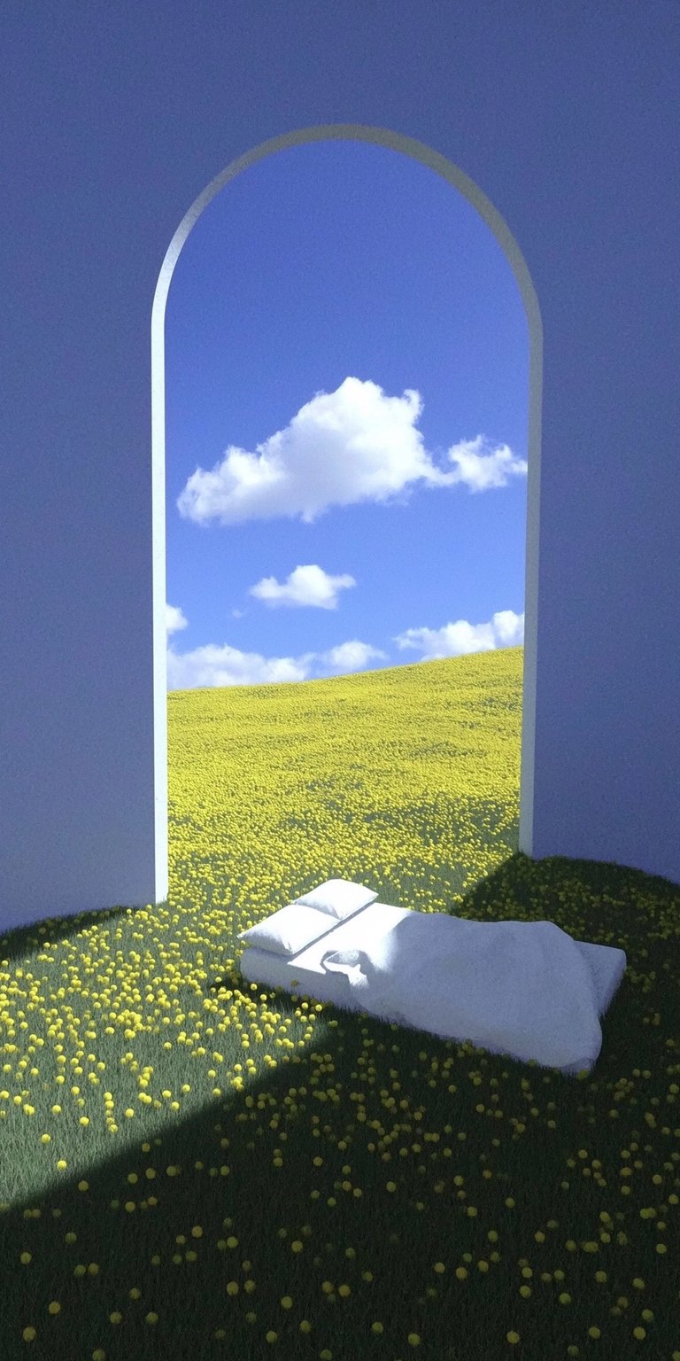 Download this calming dreamscape wallpaper in 4K for your iPhone. The wallpaper features a bed in a field of yellow flowers, framed by a blue archway and a bright blue sky with puffy clouds.