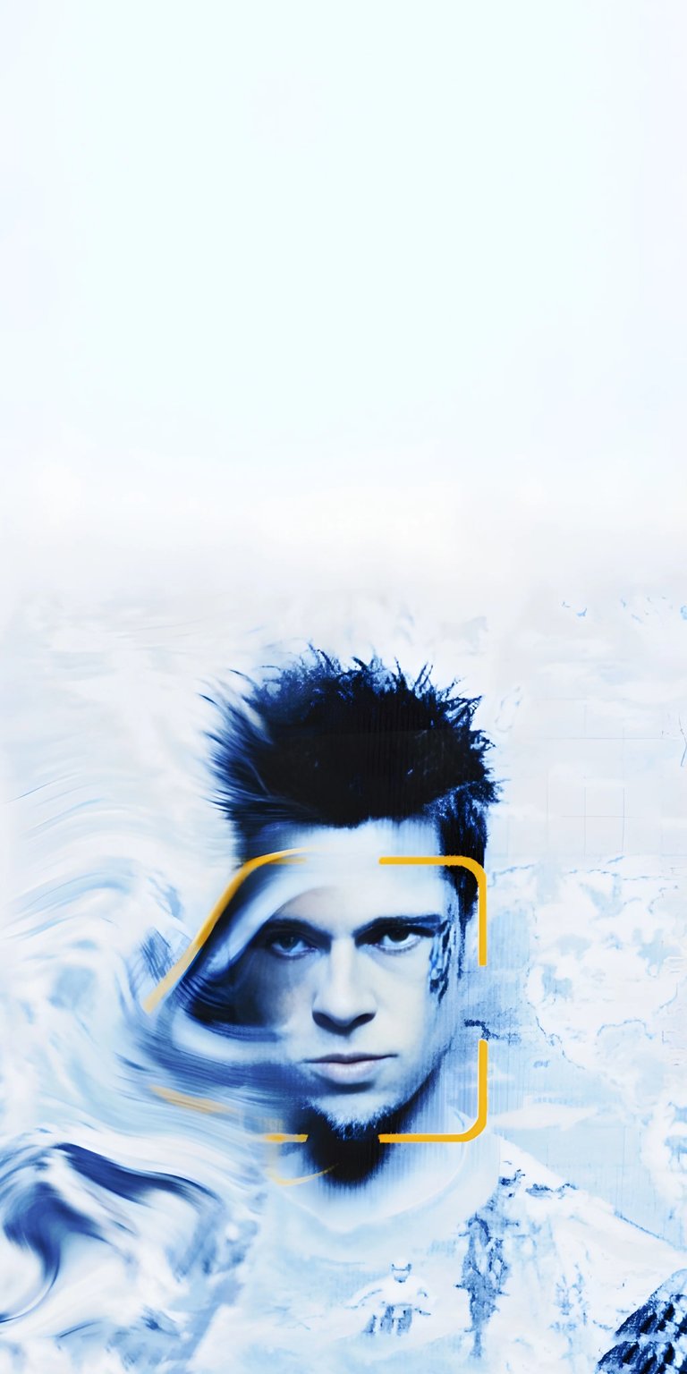 Download this Tyler Durden 4K wallpaper for your iPhone, featuring his intense gaze framed by a yellow box. This amazing wallpaper showcases dynamic blue distortions and the enigmatic essence of Fight Club.