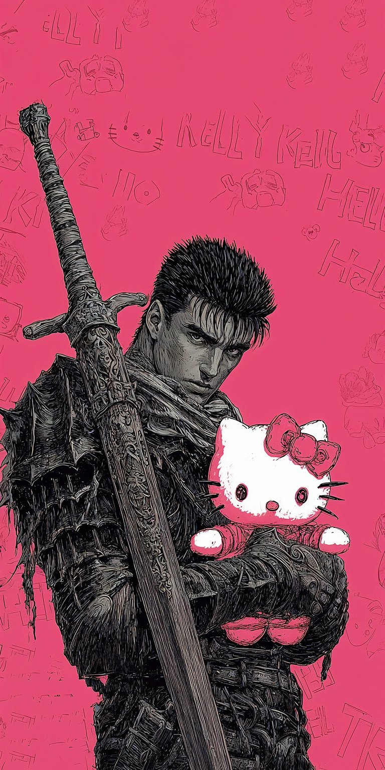 Download this Guts and Hello Kitty 4K wallpaper for your iPhone, featuring a massive sword and a pink background with scrawled text. This wallpaper captures an unlikely duo, perfect as your next phone wallpaper.