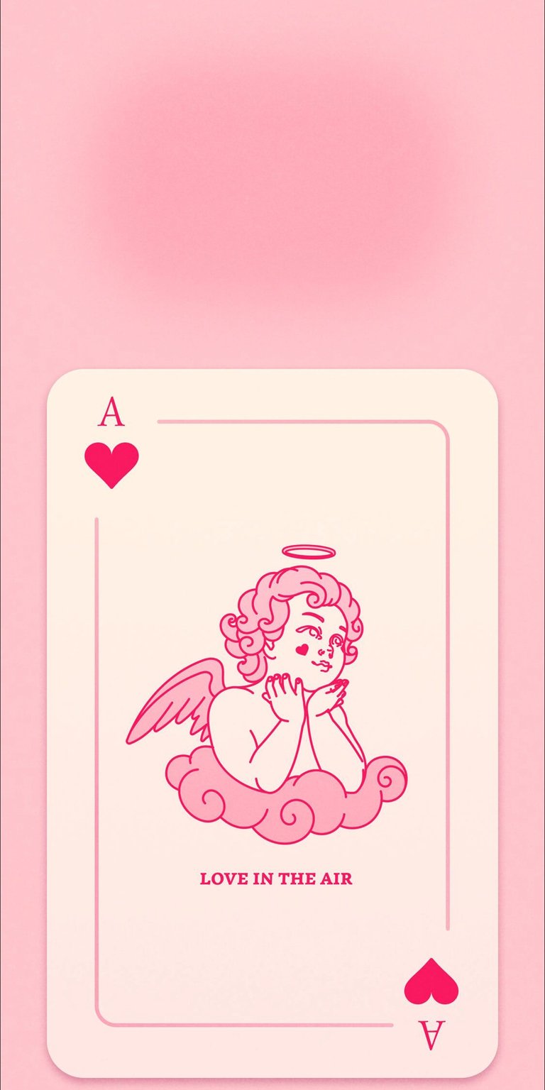 Download this charming Angel Ace card 4K wallpaper for your iPhone. This delightful wallpaper features a pink aesthetic, an angel with a halo, and the whimsical inscription 'LOVE IN THE AIR'.