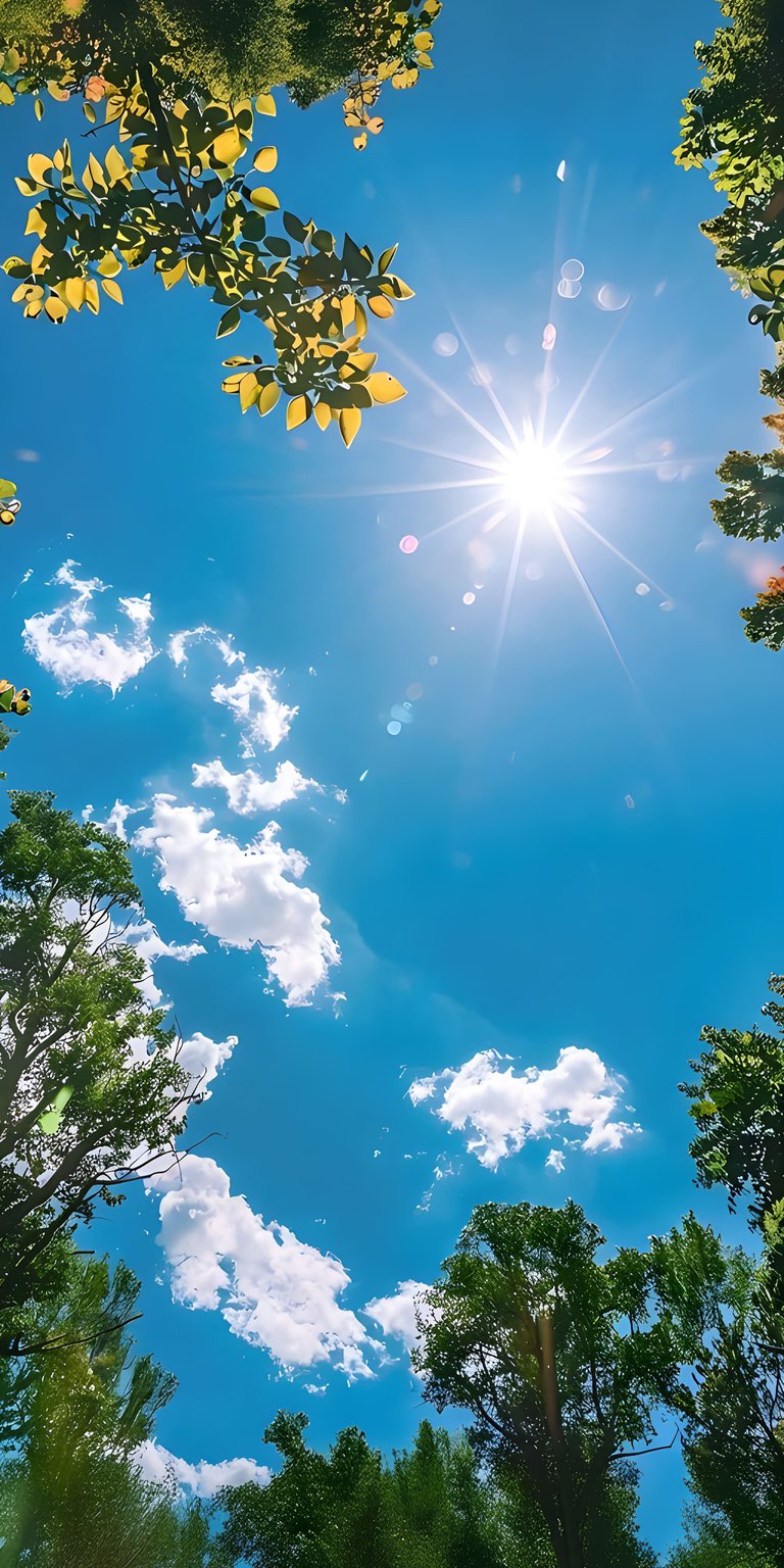 Experience the serenity of a sunny sky green tree 4K wallpaper with bright sunlight filtering through the canopy. Perfect for your iPhone, this nature wallpaper highlights crisp blue clouds and vibrant green leaves.