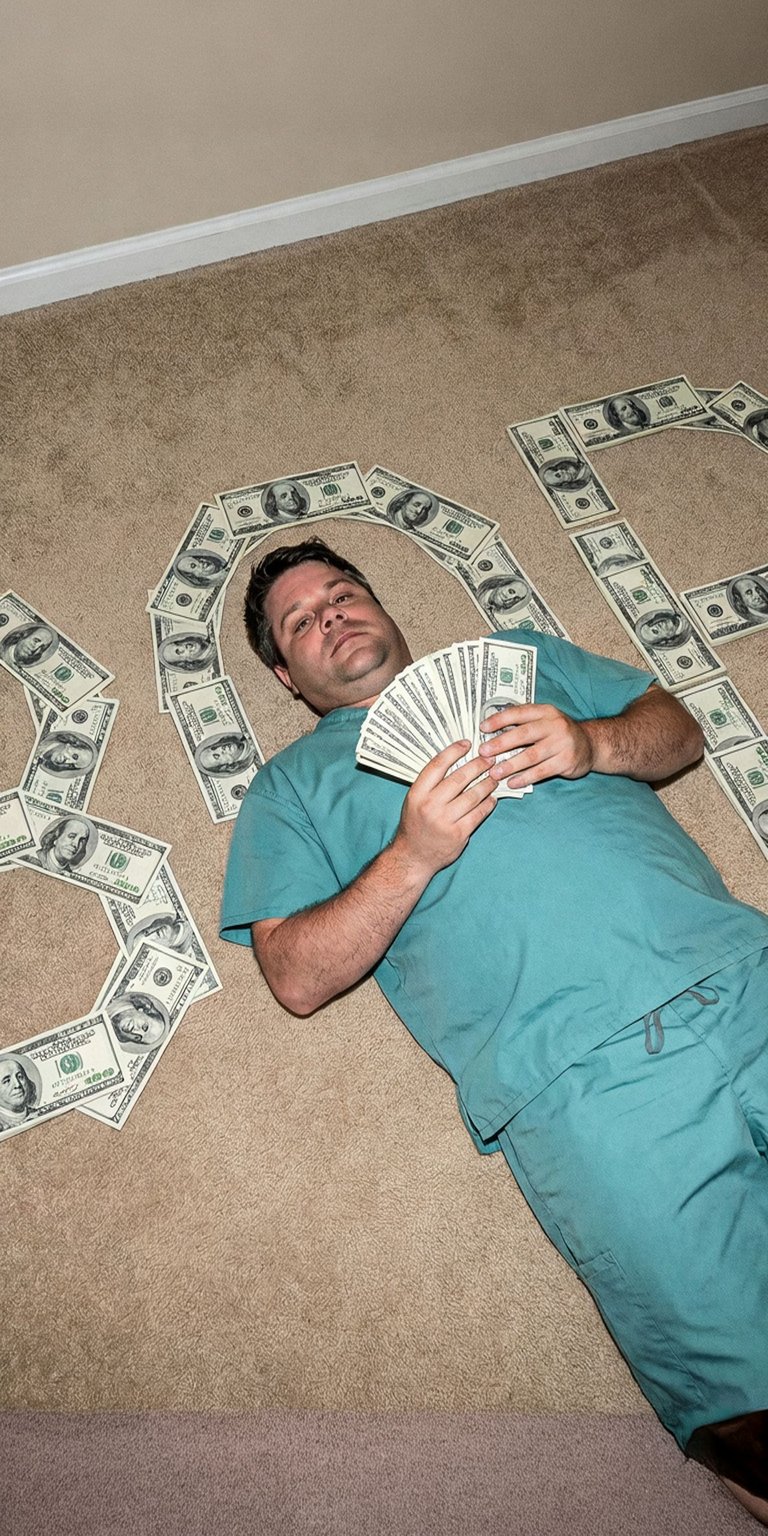 This heartfelt live wallpaper features the heroic, good-natured character Bob Newby. He is lying on the carpet, surrounded by dollar bills arranged to spell out his name, "BOB". He is wearing a medical scrub-like top (or similar casual wear) and holds a fan of money. This wallpaper serves as a tribute to the "Samwise" of the Stranger Things world, celebrating his kindness and sacrifice.