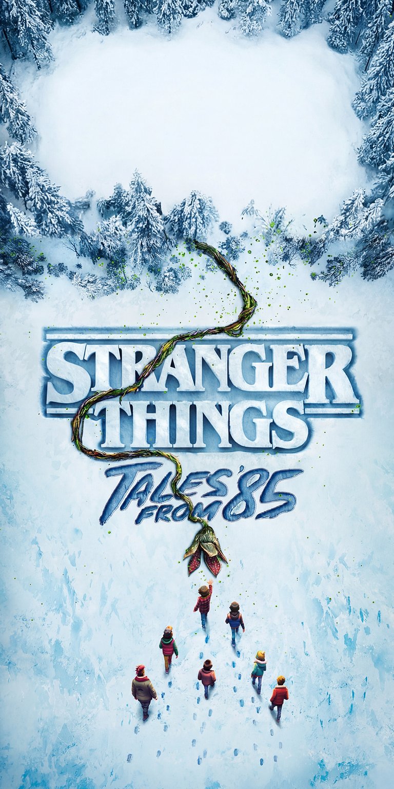 This Aesthetic wallpapers design features the Stranger Things characters walking through a bright, snow-covered clearing toward a mysterious vine. Update your iPhone with this 4K wallpaper featuring high-key lighting, cool white tones, and a crisp winter morning mood.