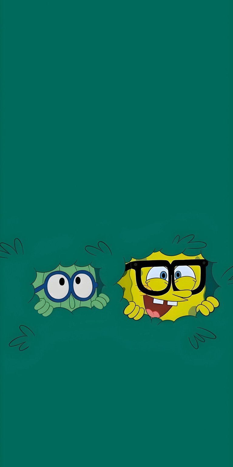 Download this Spongebob Squarepants 4K wallpaper for your iPhone today, featuring Spongebob and another character peeking through a hole. This vibrant wallpaper shows Spongebob wearing glasses and his friend with big blue eyes.