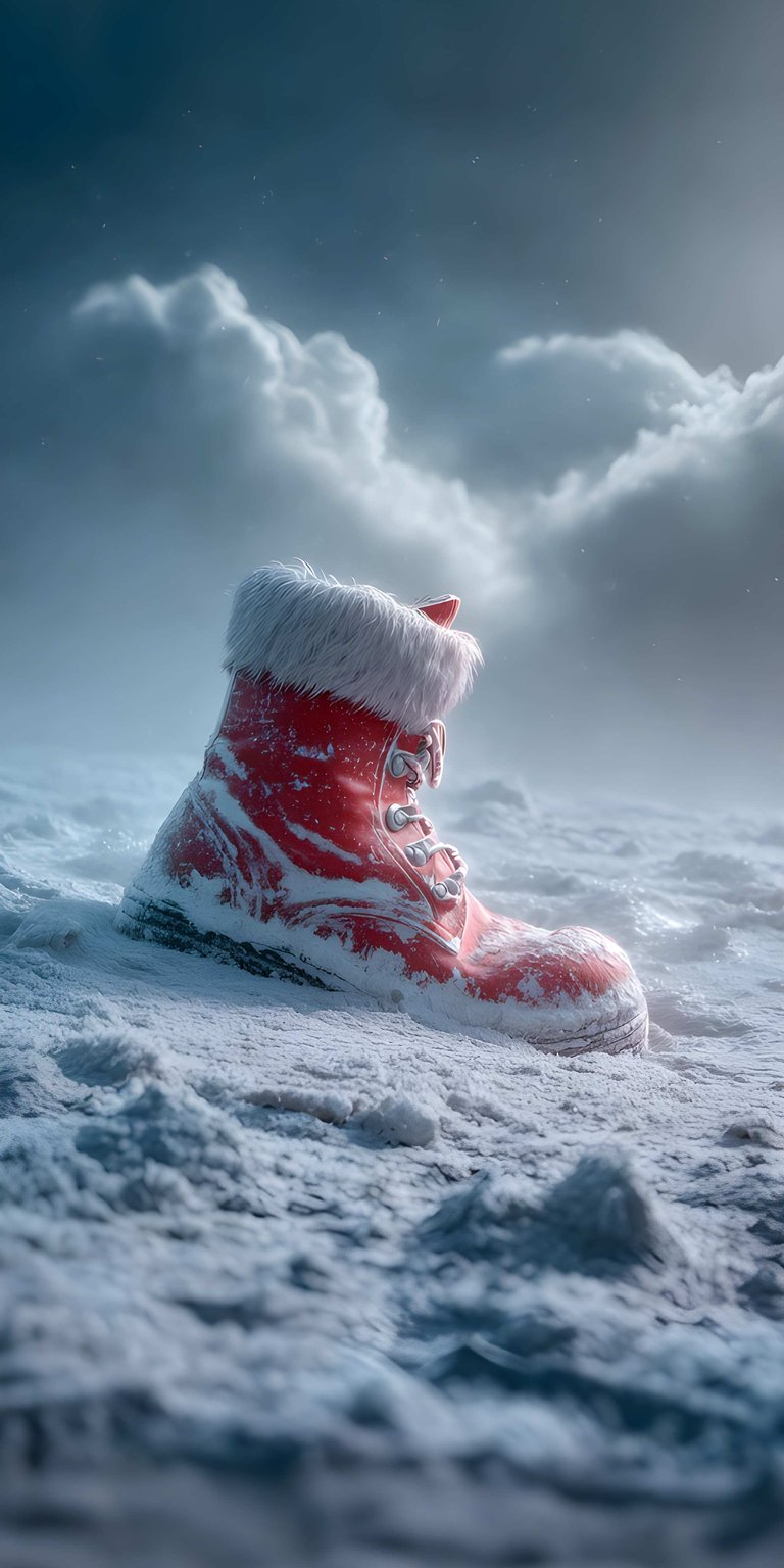 Download this amazing Santa Boot 4K wallpaper for your iPhone! The festive red boot, trimmed with white fur, sits nestled in a snowy landscape under a cloudy sky, making a perfect holiday wallpaper.