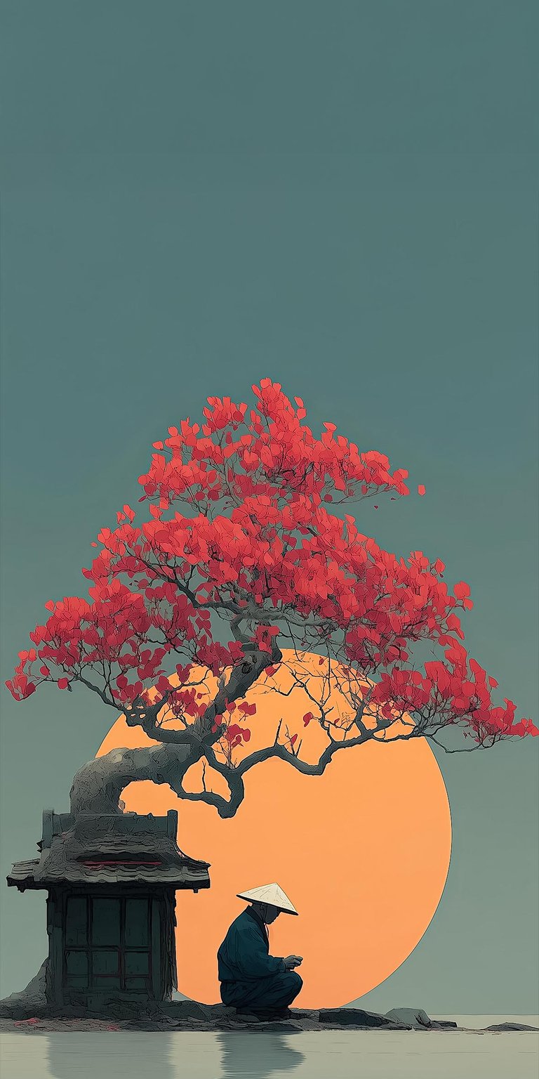 Samurai warrior under Bonsai tree wallpaper for iPhone HD