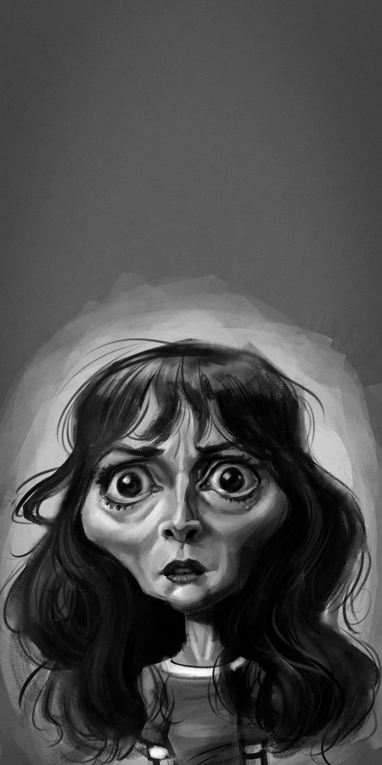 Download this striking Joyce Byers 4K wallpaper for your iPhone, showcasing her wide, expressive eyes and dark wavy hair. This captivating wallpaper is perfect for any fan, highlighting her intense gaze and worried expression.