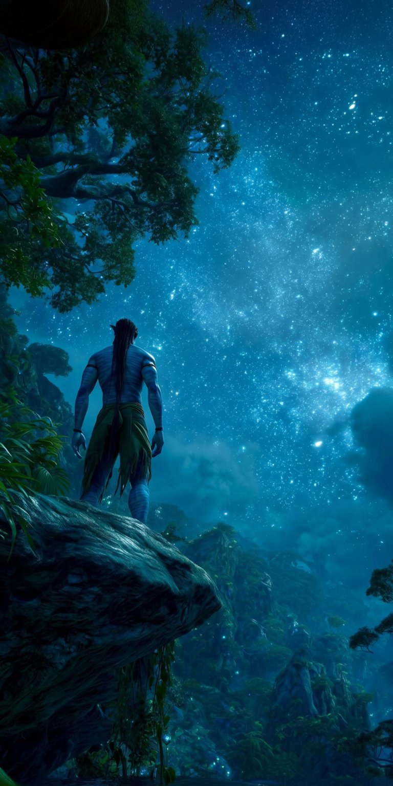 Get this stunning Avatar 4K wallpaper for your iPhone, featuring the blue Na'vi standing atop a rocky cliff. The wallpaper showcases the lush jungle landscape and a star-filled night sky.