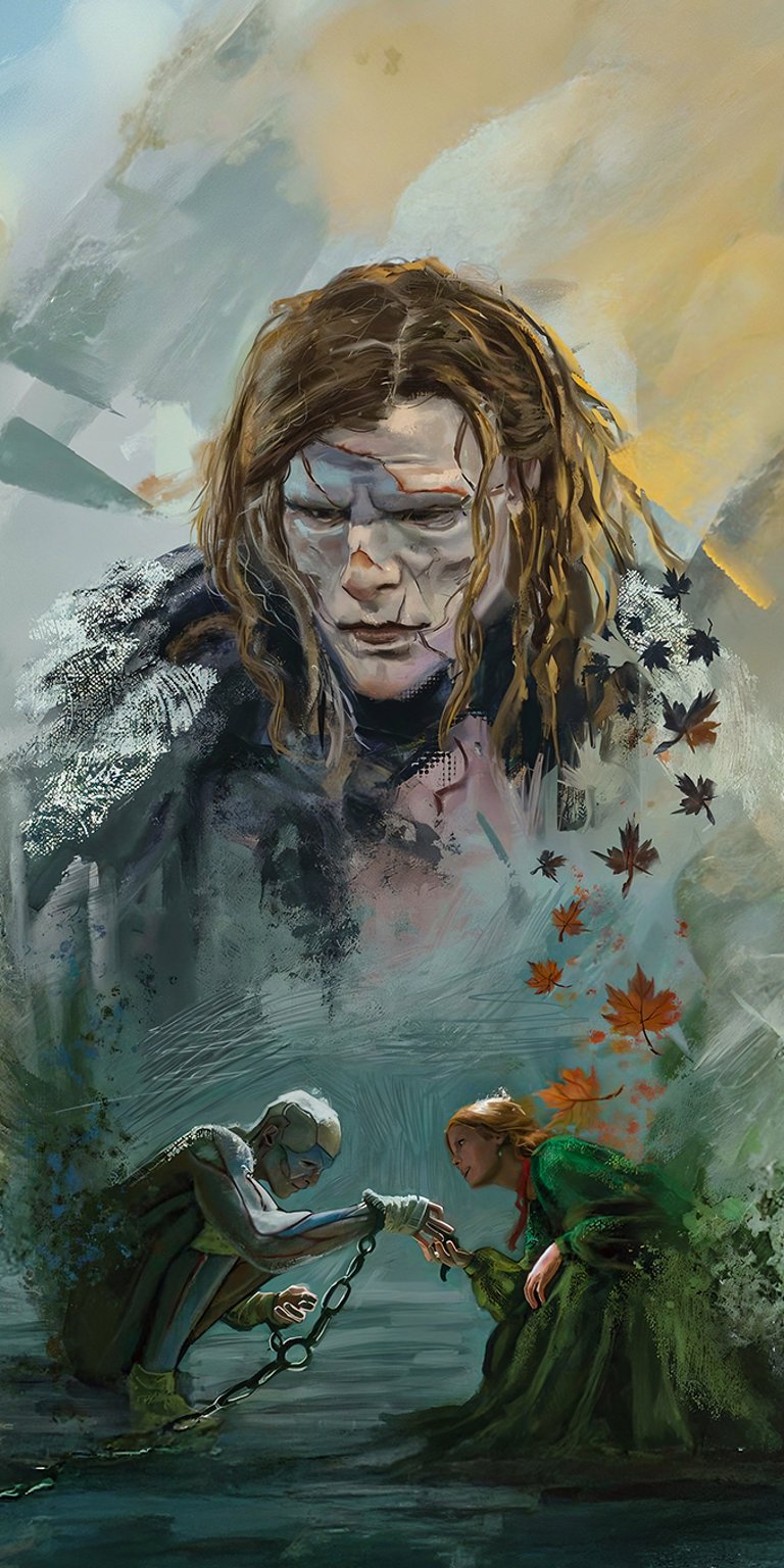 A dramatic, artistic interpretation of Frankenstein's monster from the 2025 Guillermo del Toro film. This gothic wallpaper depicts the Creature, played by Jacob Elordi, chained while gently holding the hand of a woman in a green dress, potentially the Bride or Elizabeth Lavenza. The image is a poignant portrayal of the film's themes of heartache and tragic connection. Perfect for fans of classic literature, dark aesthetics, and emotional, story-driven home screens