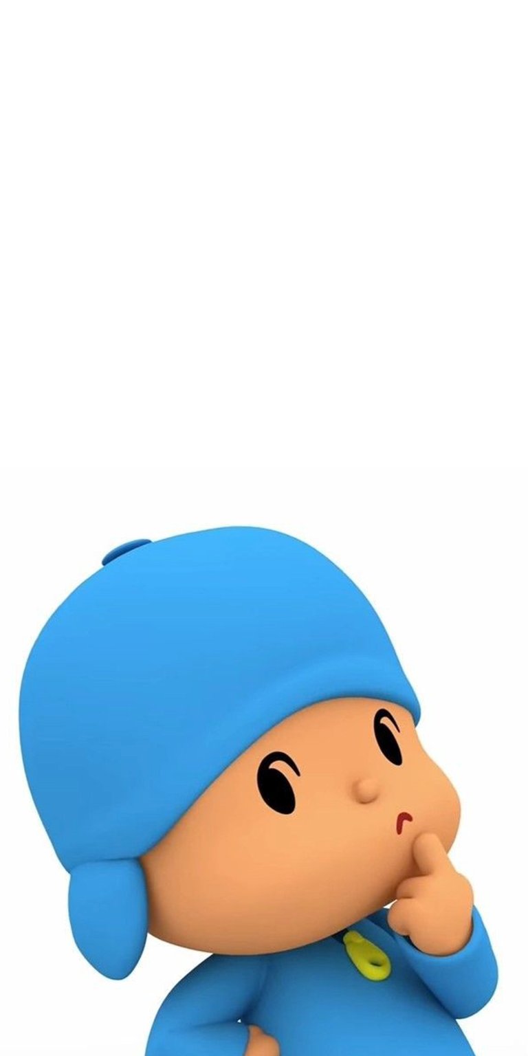 This 4K wallpaper features Pocoyo looking thoughtful with a finger to his lips, perfect for your iPhone. The background is a clean white, emphasizing the vibrant blues and yellows of Pocoyo's outfit in this detailed wallpaper.