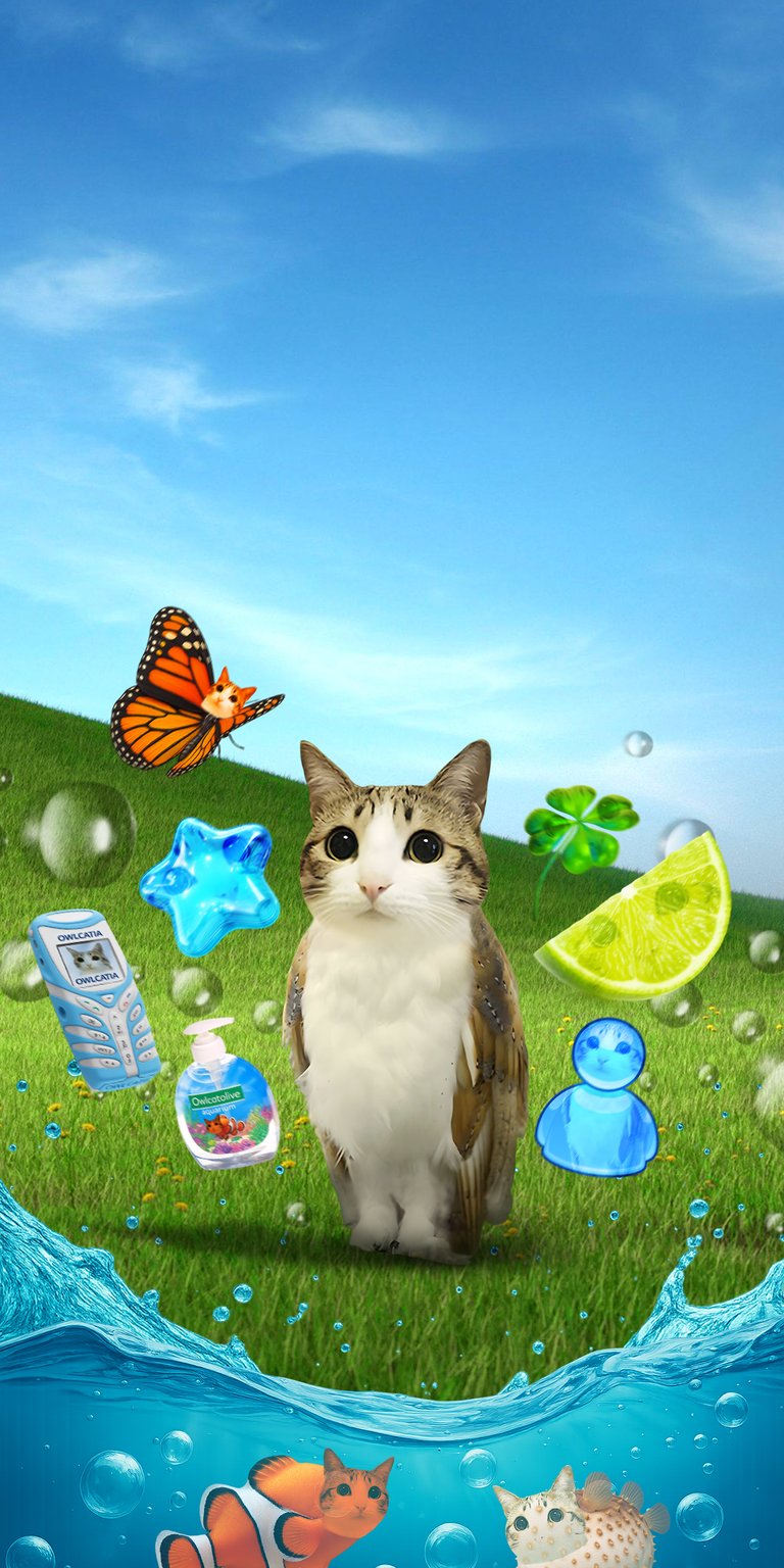 Download this fun Owlcatia 4K wallpaper for your iPhone today, featuring a cat-bodied owl standing on a grassy hill. Bubbles float through the air, a monarch butterfly flits nearby, and two cat-bodied fish swim below the water.
