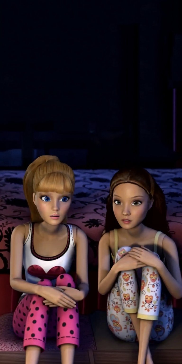 Dress up your iPhone with this charming Barbie Diaries 4K wallpaper showing Barbie and her friend in whimsical patterned pajamas. This delightful wallpaper captures their innocent expressions and the plush texture of the patterned bedding.