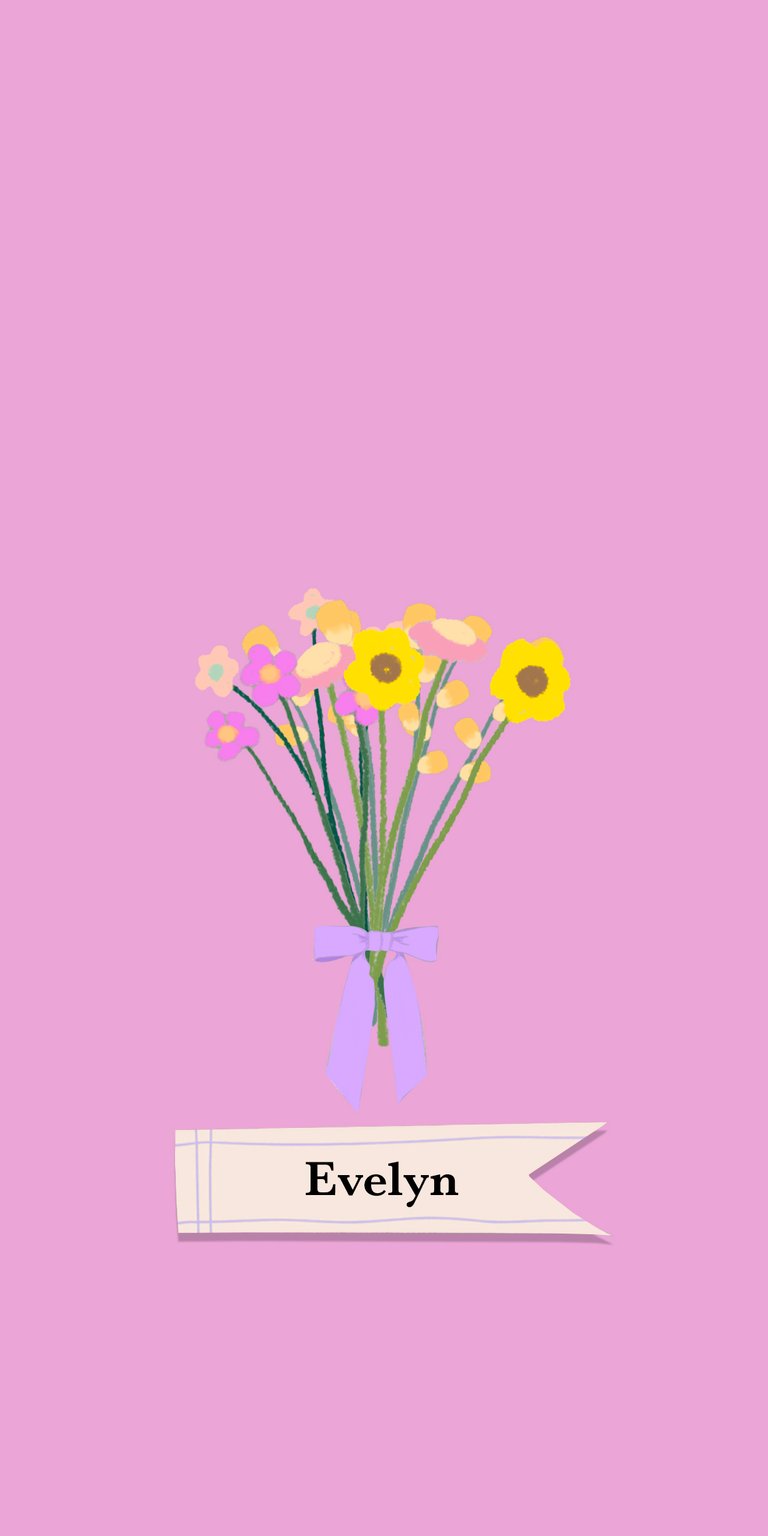 pink flower yellow purple daisy fill bouquet label ribbon bow tape name evelyn