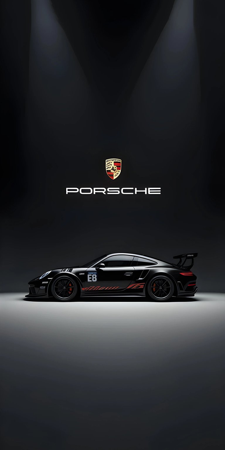 Download this Porsche 4K wallpaper for your iPhone, showcasing its sleek black design with number "E8" and striking red stripe detailing. This Porsche wallpaper is perfect for car enthusiasts.