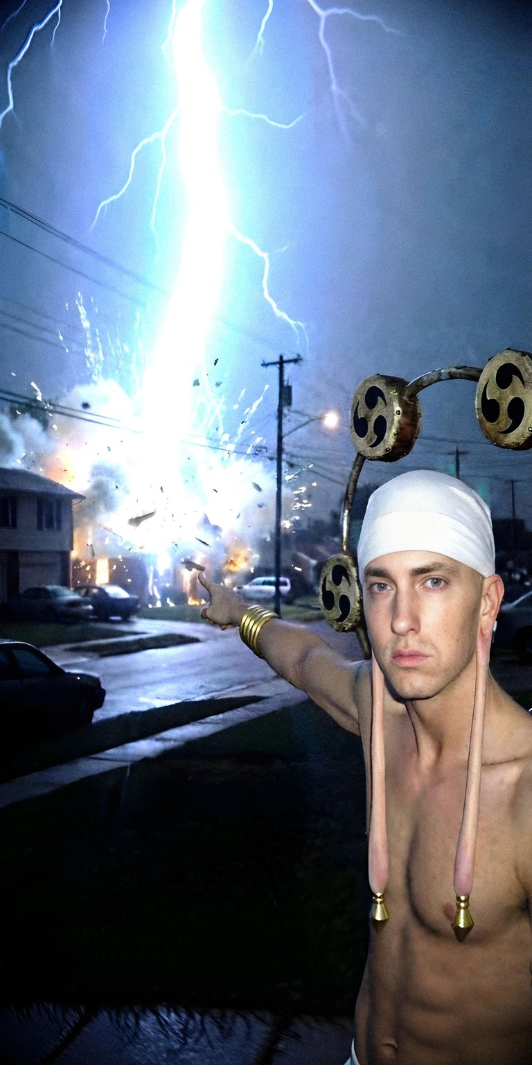 Download this Enel Eminem 4K wallpaper for your iPhone, showcasing a lightning strike, neighborhood damage, and gold armbands. This unique wallpaper is sure to impress!