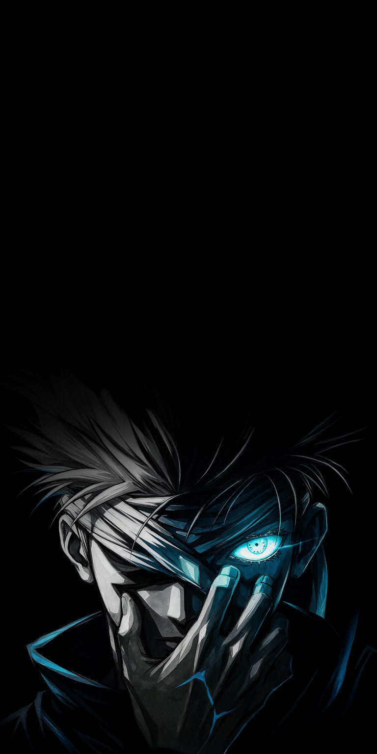 Download this incredible Gojo Satoru 4K wallpaper for your iPhone, showcasing his piercing blue eye and stylish blindfold. This stunning wallpaper highlights the intricate detailing of his black outfit and the stark contrast against the dark background.