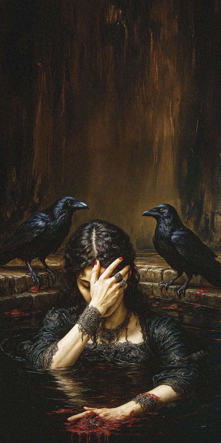 Download this Raven Woman 4K wallpaper for your iPhone, showcasing a dark aesthetic with gothic undertones. The stunning wallpaper features a woman surrounded by ravens, partially submerged in water, with dripping red droplets enhancing the somber mood.