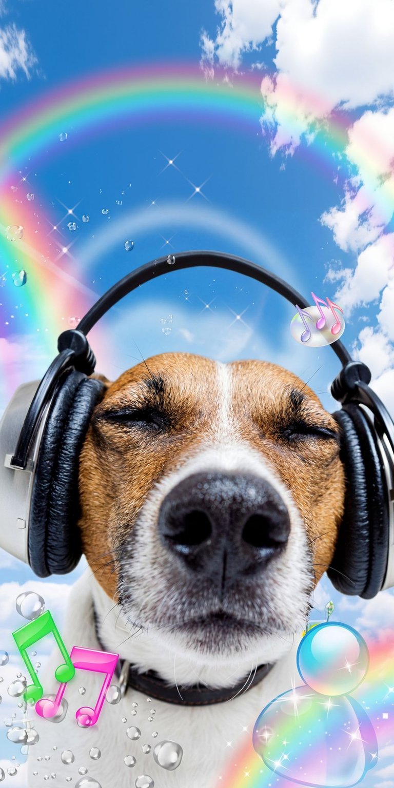 This adorable dog wallpaper is perfect for your iPhone in stunning 4K resolution. The close-up features headphones, a rainbow, and musical notes.
