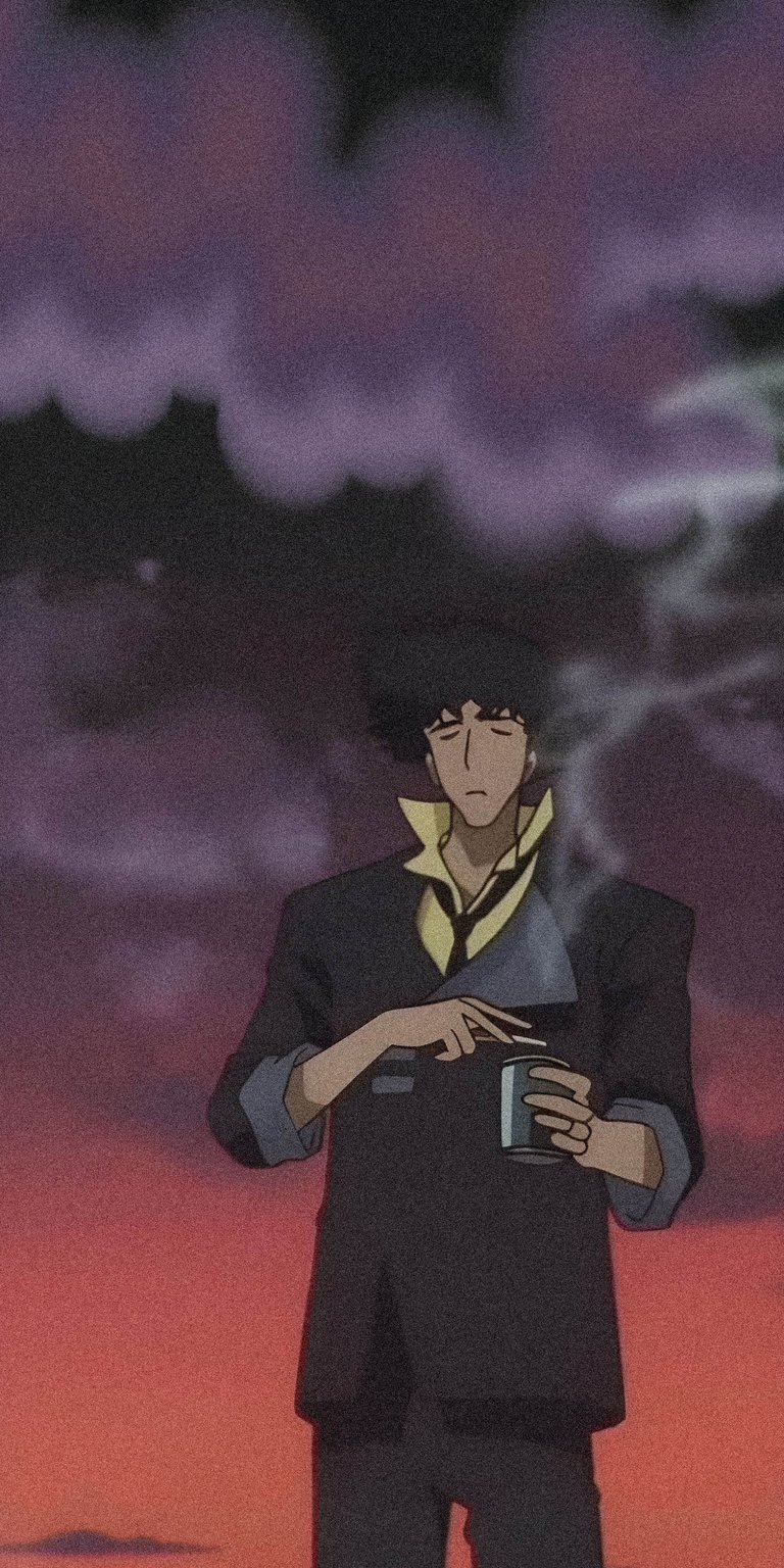 Download this Cowboy Bebop Spike Spiegel wallpaper featuring the iconic bounty hunter against a moody, atmospheric purple sunset. This 4K anime wallpaper captures cinematic grain and classic 90s retro textures for a nostalgic mobile look.