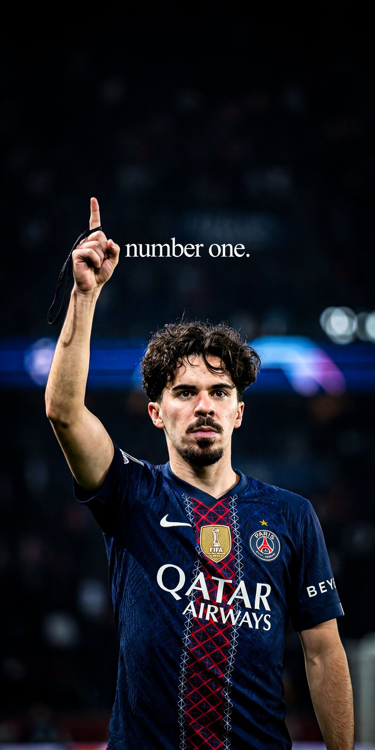 Vitinha Static Wallpaper showcasing a confident match pose, raised finger gesture, and dark stadium background with sharp jersey details. This aesthetic wallpaper delivers dramatic lighting and strong contrast, making the wallpaper perfect for iPhone lock screen and home screen setups.