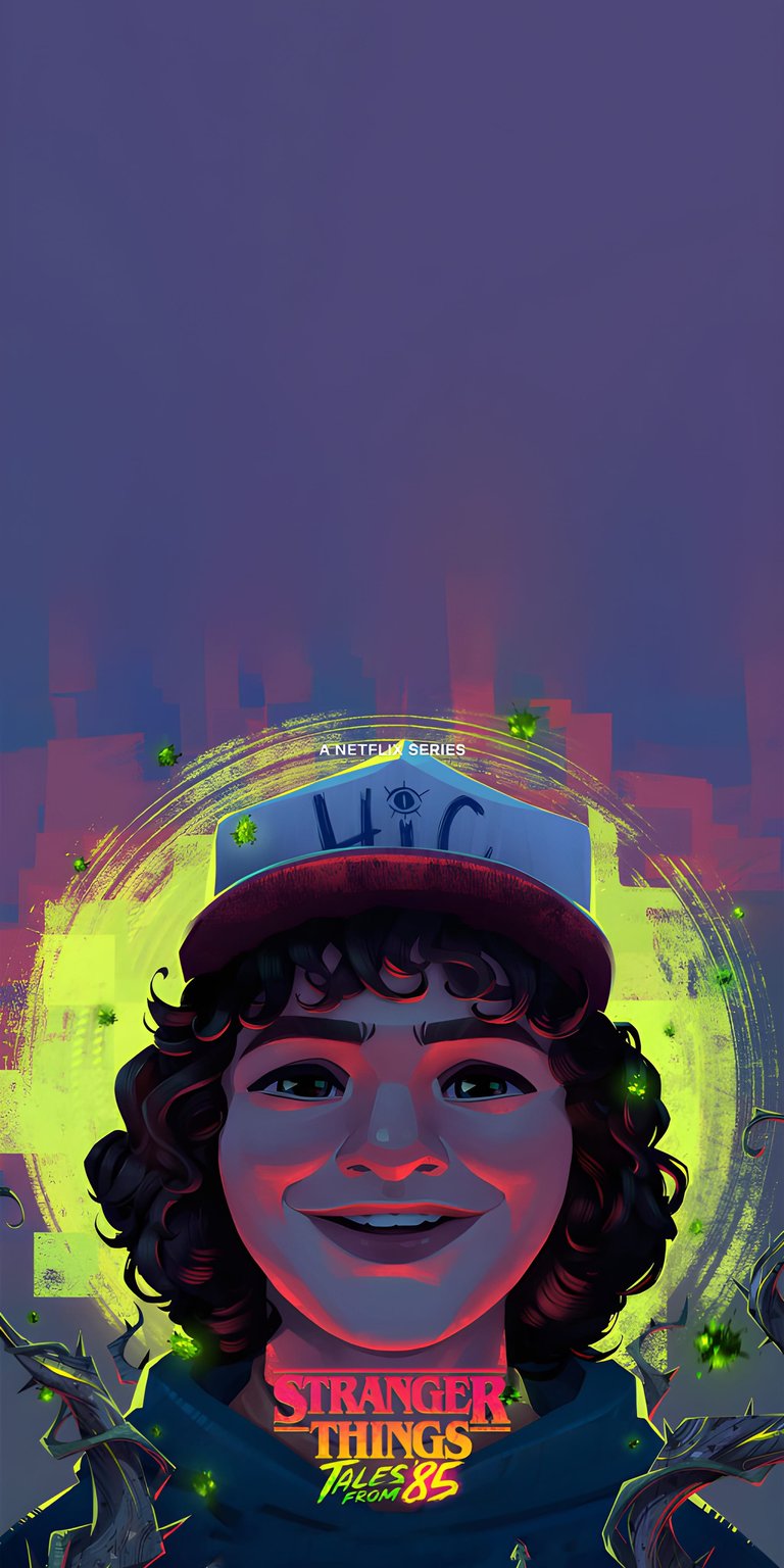 Dustin Henderson Stranger Things 4K wallpaper featuring a bright neon halo, playful expression, and colorful digital shading. This wallpaper is optimized for iPhone and blends bold highlights with dark contrast in an aesthetic wallpapers style.