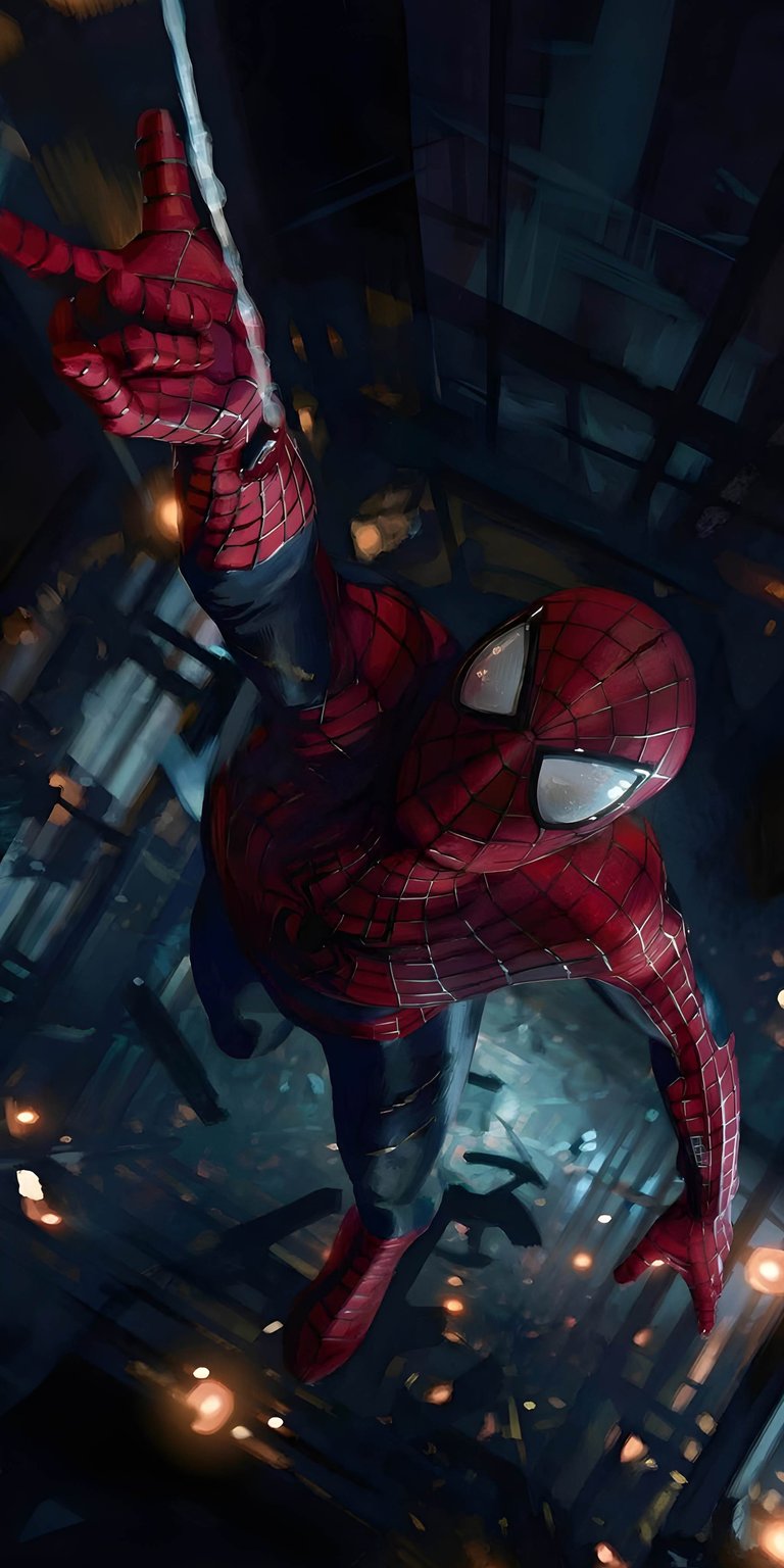 This 4K Aesthetic wallpapers choice features Spider-Man diving through a dark city for your iPhone. The wallpaper highlights vibrant red suit textures against a moody, bokeh-lit urban backdrop.