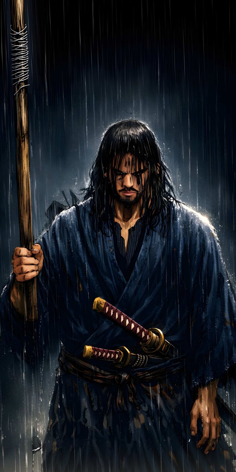 Download this striking Miyamoto Musashi wallpaper in 4K for your iPhone! Featuring a samurai holding a long stick in the rain, with two swords tucked into his dark blue robe, this wallpaper is a must-have.