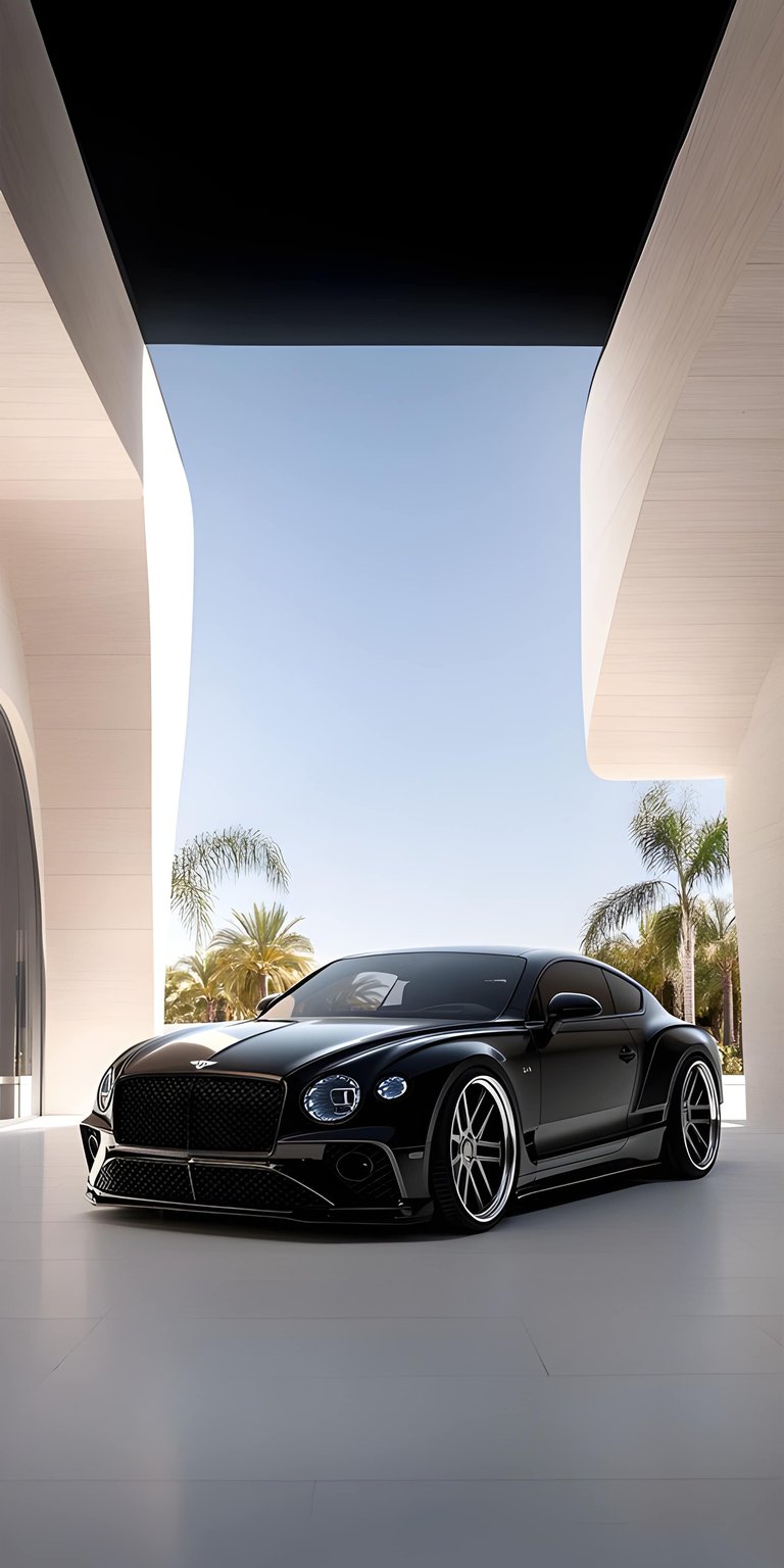 Bentley 4K wallpaper featuring a sleek black luxury coupe with glossy finish, wide grille, and modern architectural backdrop. This aesthetic wallpaper gives your iPhone lock screen and home screen a premium and refined look.