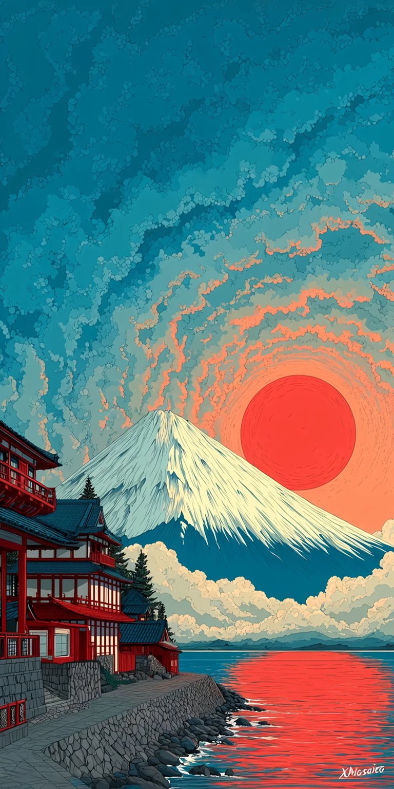 Mount Fuji and Japanese style temple sunrise painting art iPhone wallpaper 4K