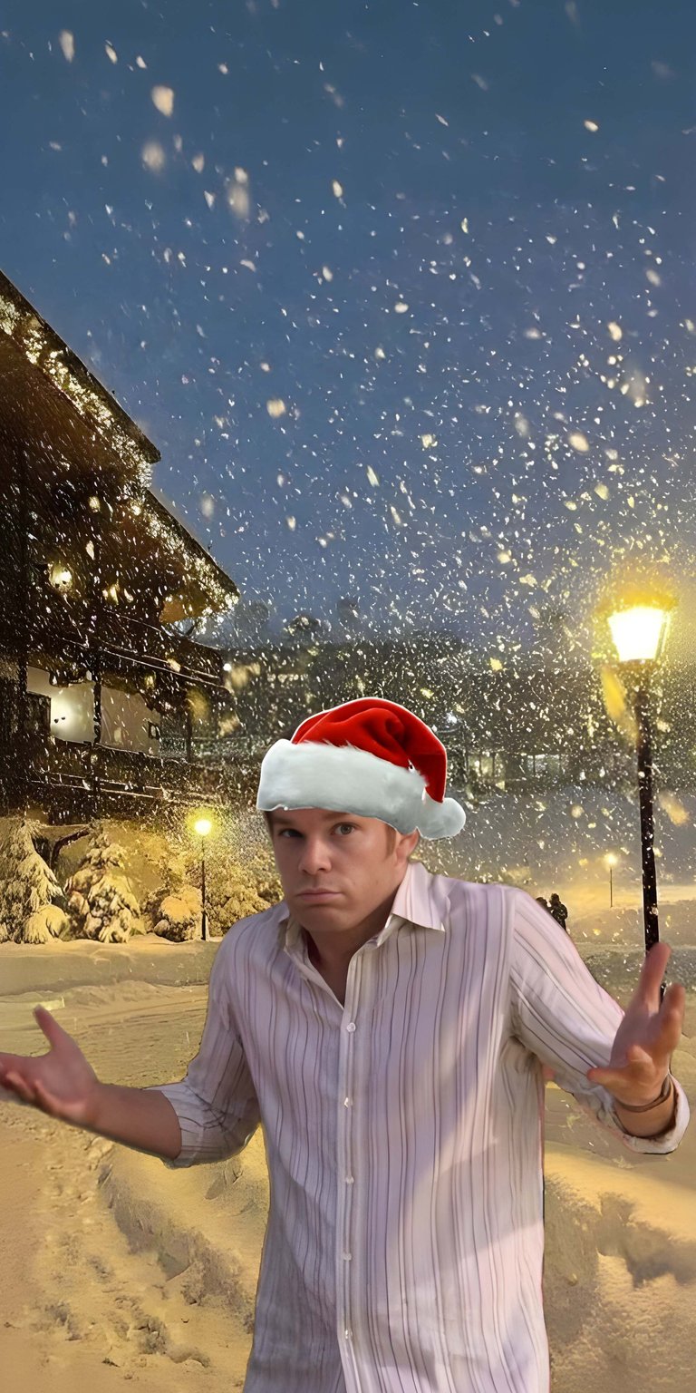 Download this festive Dexter 4K wallpaper for your iPhone. This wallpaper shows Dexter in a Santa hat with falling snow, a glowing streetlight, and a snow-covered path.