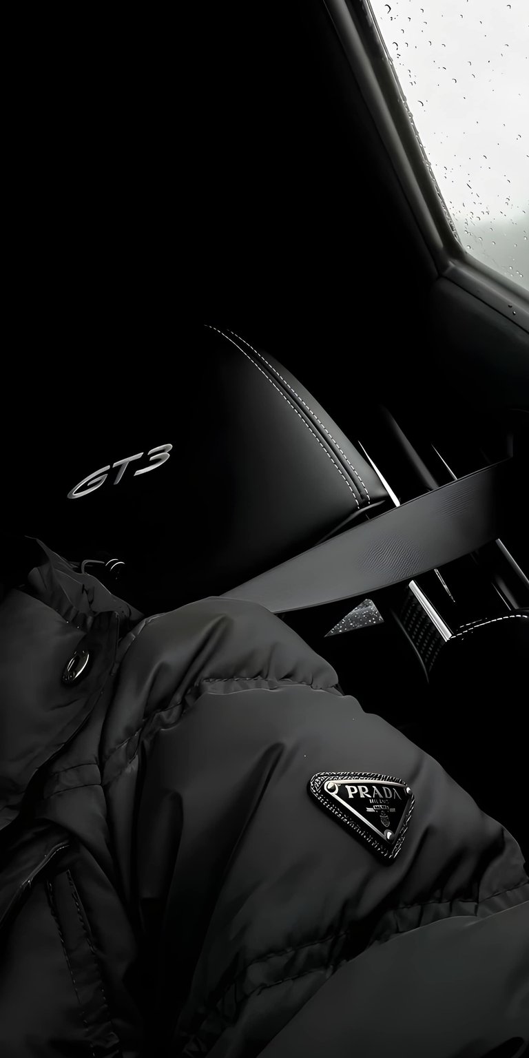 Prada jacket wallpaper crafted as an OLED / AMOLED wallpapers style, designed as a bold wallpaper for iPhone displays. This wallpaper features deep black tones, sharp contrast lighting, and a moody, premium depth.