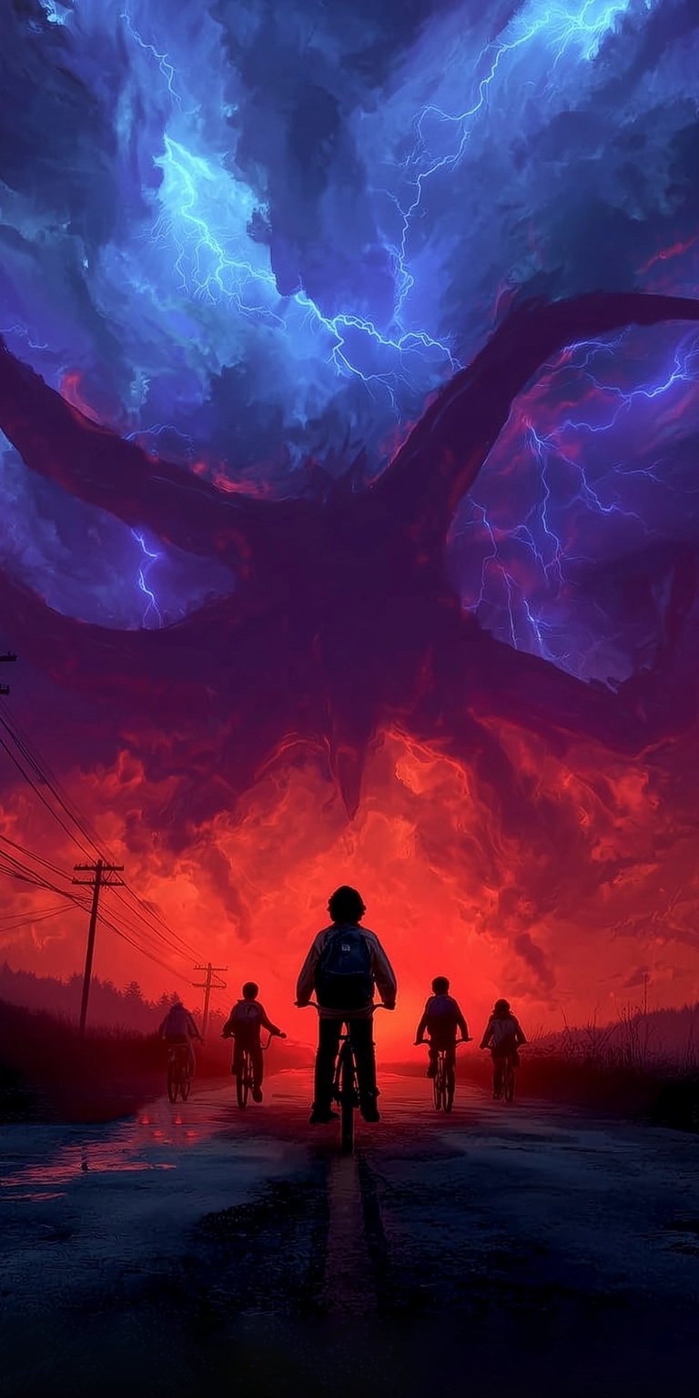 Get this Stranger Things wallpaper in stunning 4K for your iPhone! Featuring the silhouetted kids on bikes, a menacing Mind Flayer in the sky, and vivid lightning, this wallpaper is a must-have.